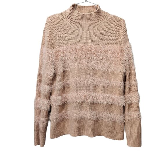 Calvin Klein Women's Eyelash Puff Knit Long Sleeve Mock Neck Beige Pink Sweater - Picture 2 of 8